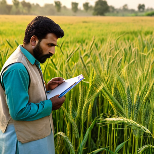 Home 4 **
A stern-faced agricultural inspector, wearing practical field attire (perhaps a shalwar kameez suitable for fieldwork), stands in a lush green field of wheat. In the background, a farmer looks on anxiously. The inspector holds a clipboard and pen in one hand and is examining a sample of wheat with the other. Golden light bathes the scene, but the inspector's expression suggests unwavering commitment to standards, even under pressure. The overall impression should be one of seriousness and integrity.
**