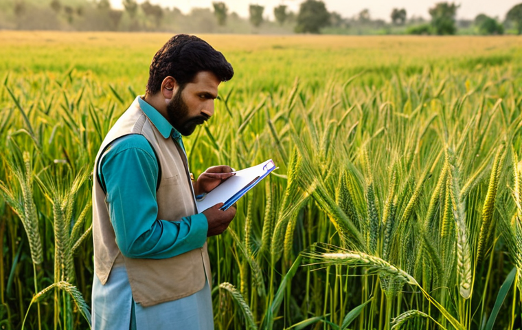 **
A stern-faced agricultural inspector, wearing practical field attire (perhaps a shalwar kameez suitable for fieldwork), stands in a lush green field of wheat. In the background, a farmer looks on anxiously. The inspector holds a clipboard and pen in one hand and is examining a sample of wheat with the other. Golden light bathes the scene, but the inspector's expression suggests unwavering commitment to standards, even under pressure. The overall impression should be one of seriousness and integrity.
**